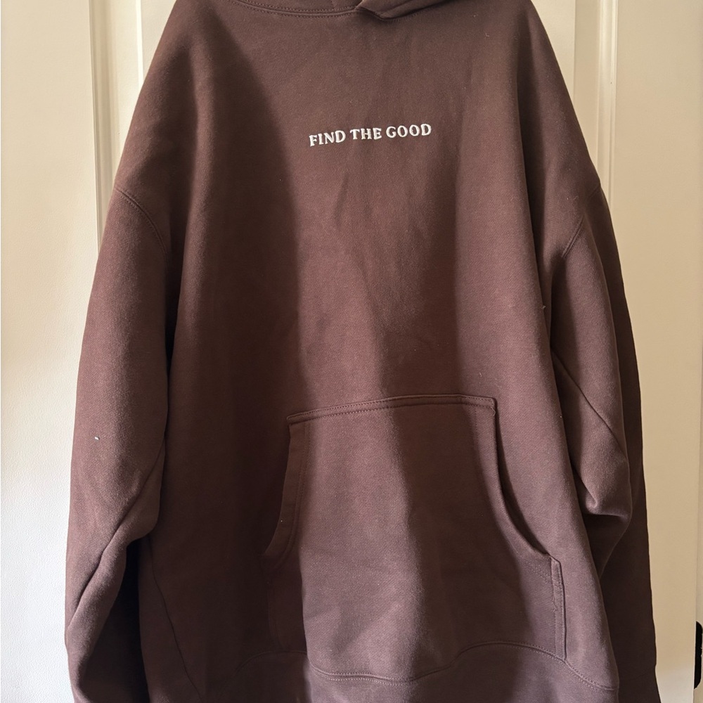 “find the good” brown hoodie